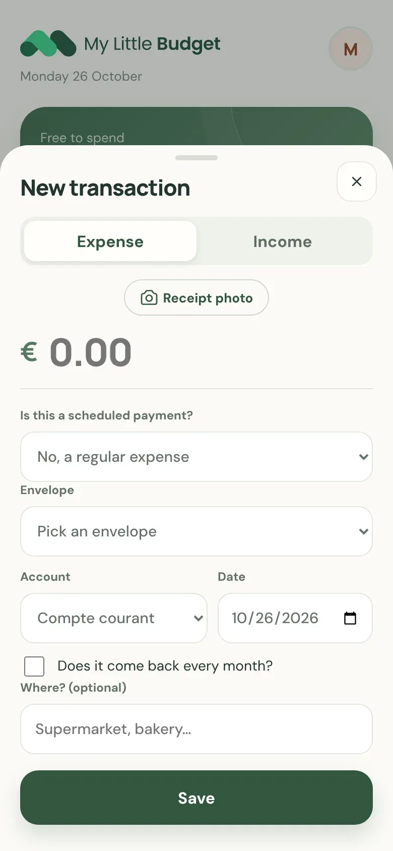 Nueva operación: monto, sobre, cuenta, fecha, botón de foto del recibo