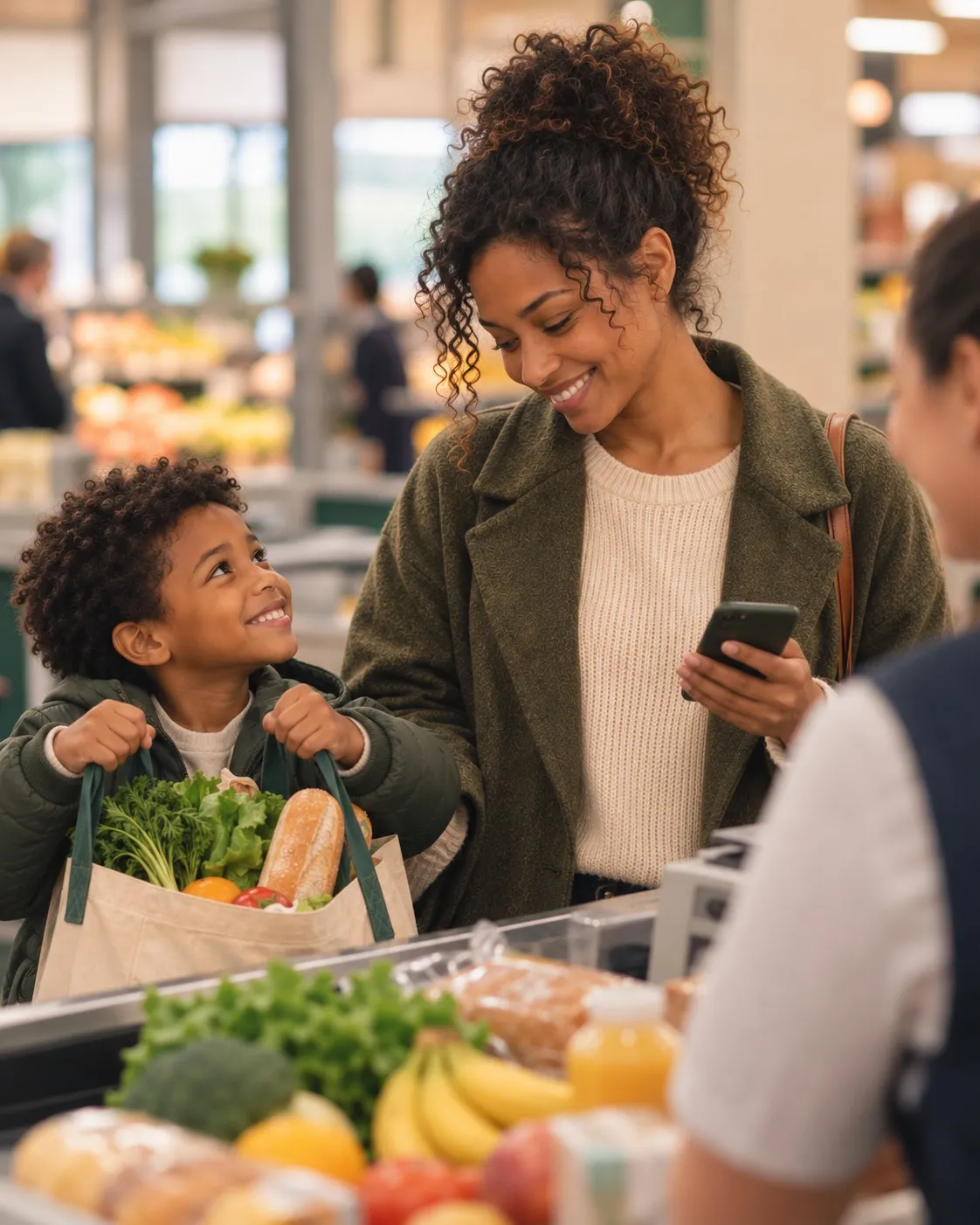 À la caisse, une mère sourit à son fils, fier de porter le sac de courses ; elle tient son téléphone. Personnages fictifs, image générée par IA.